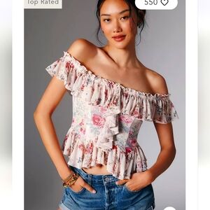NWT By Anthropologie Off-The-Shoulder Mesh Top Floral Sz M $88